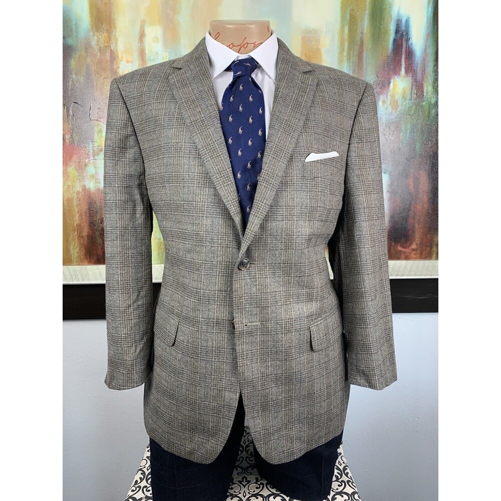 44S Joseph Abboud Wool & Cashmere Brown Plaid Sport Coat - Suit Blazer Mens